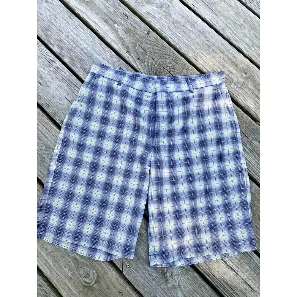 Walter Hagen Chino Shorts Mens 34 Blue White Checkered Golf Flat Front EUC